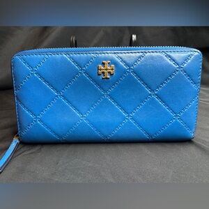 Tory Burch Blue Leather Zip-Around with Gold Logo Wallet